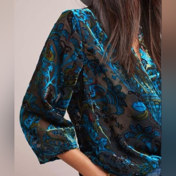 Anthropologie Seen Worn Kept Velvet Surplice Neckline Blouse Size 4 Semi Sheer - Picture 1 of 9
